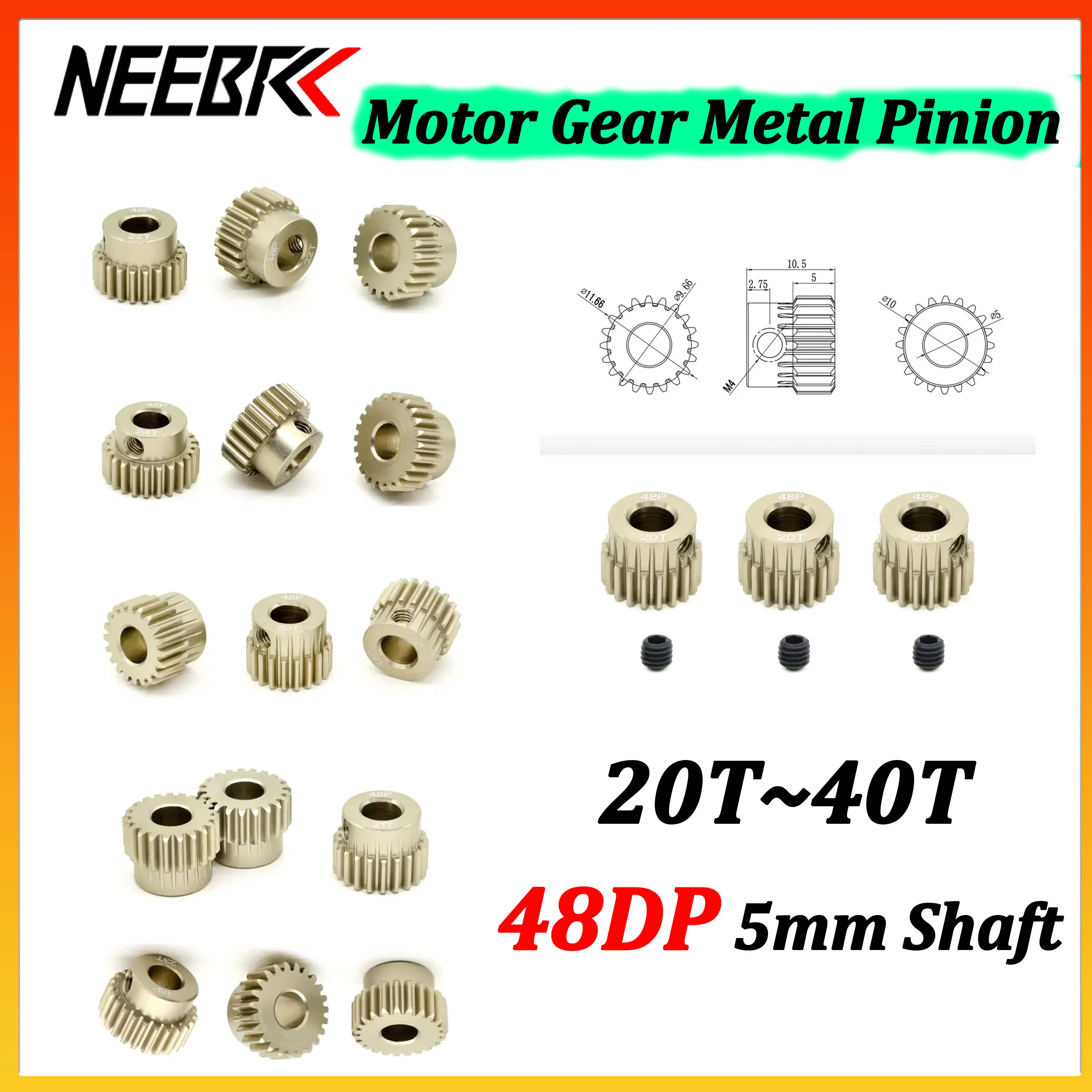 48DP 5mm Shaft Metal Pinion 20T 22T 23T 24T 25T 29T 30T 32T 34T 35T 38T 40T Motor Gear for 1/10 RC Car Buggy Monster Axial Scx10