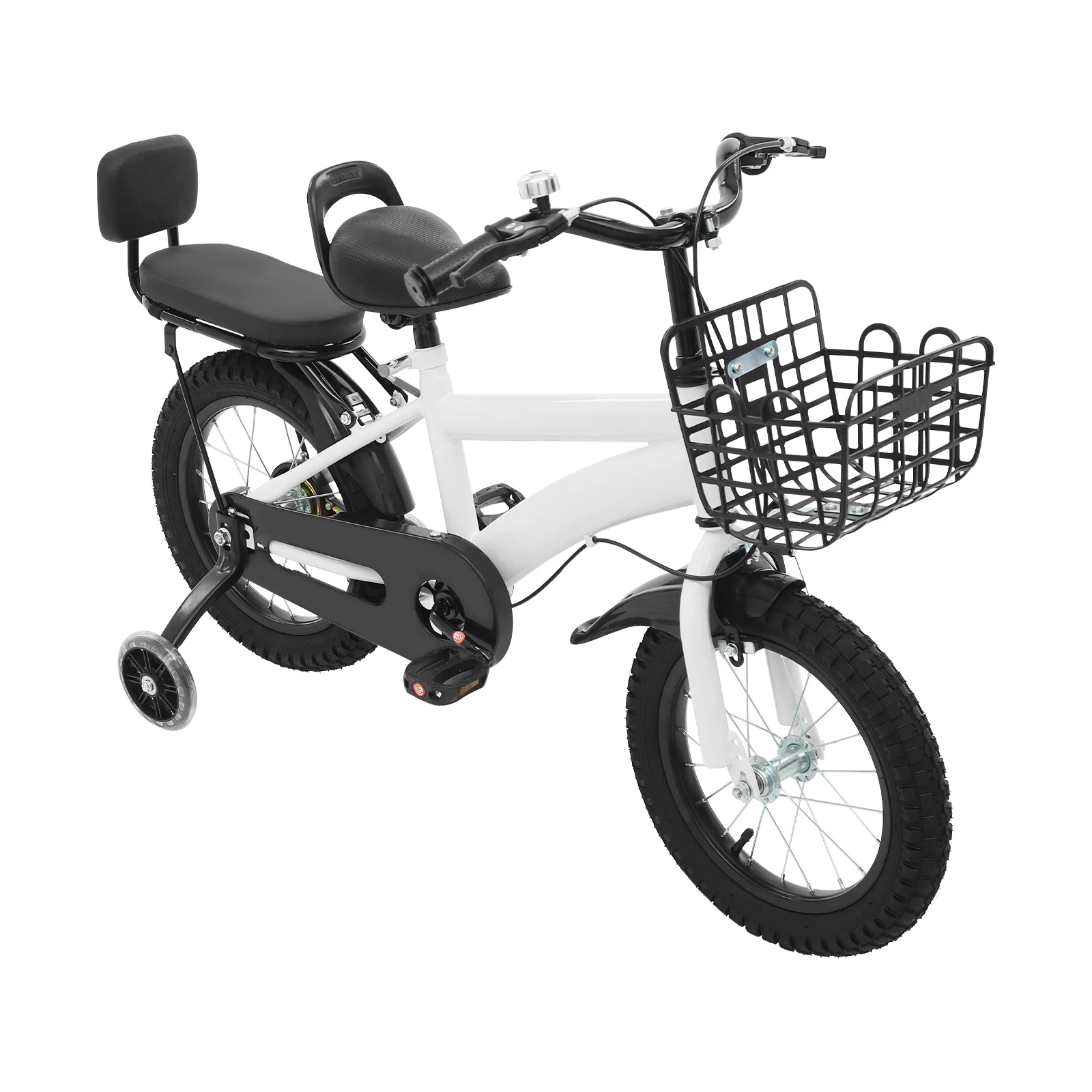 Vélo pour enfants de 14 pouces pour 3 à 7 ans | Vélo pour enfants blanc/noir avec siège arrière, panier pour débutants