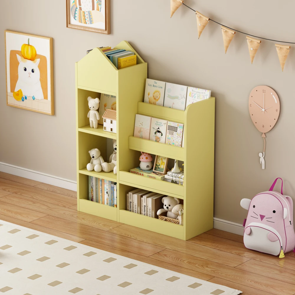 Yellow Kids Wooden Bookshelf Toy Storage Organizer with Bookcase, Kid's Bin Storage Unit with 6 Compartments 2 Baskets Bins Toys