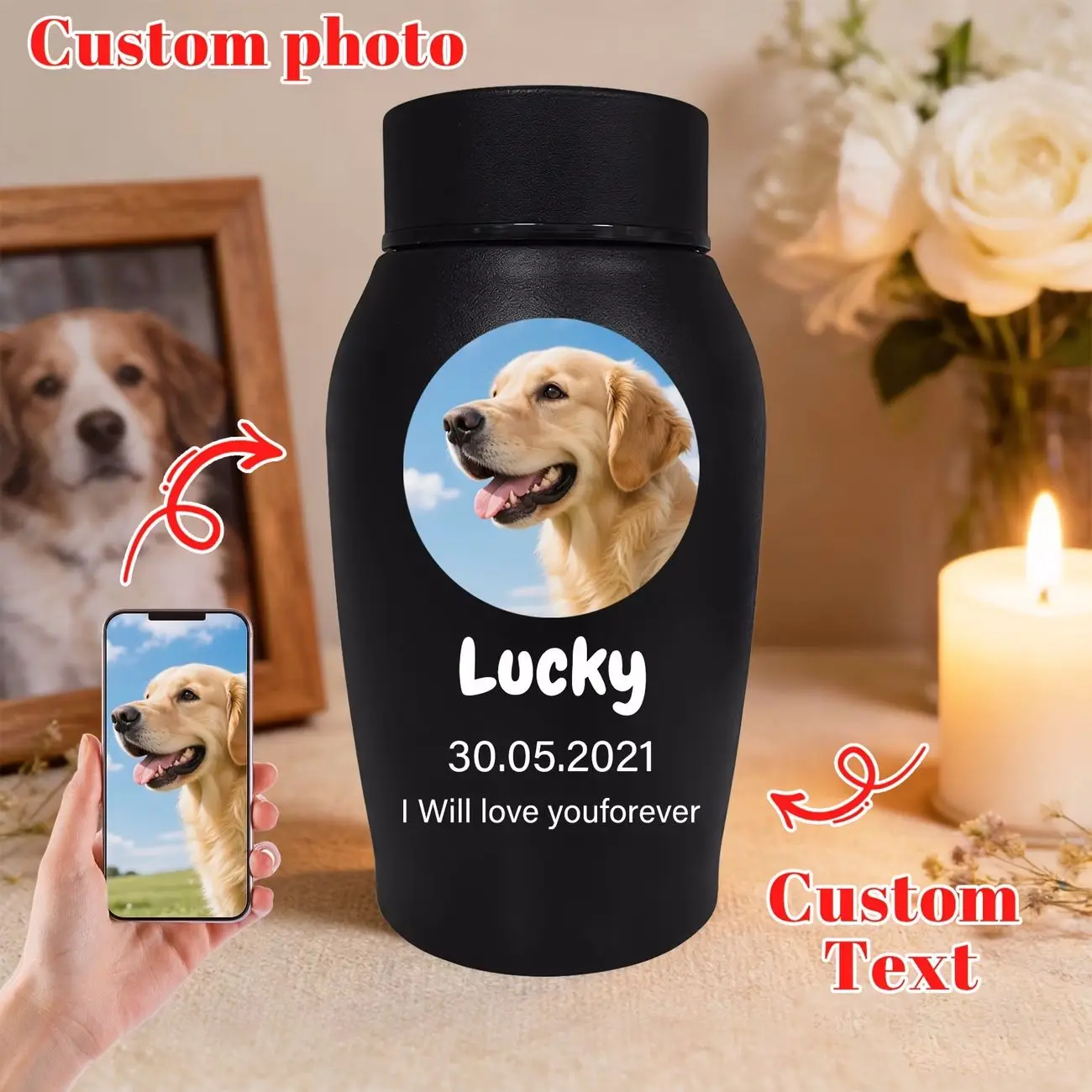 Personalized Pet Urn Custom Photo Name Cremation Keepsake Dog Cat Memorial Gift Stainless Steel Ashes Urn