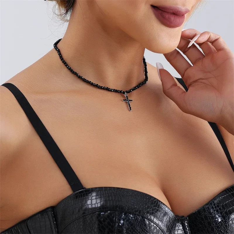 Simple Crystal Pave Cross Pendant Necklaces Handmade Seed Beads Necklace Choker Chain Lock Necklace Collar