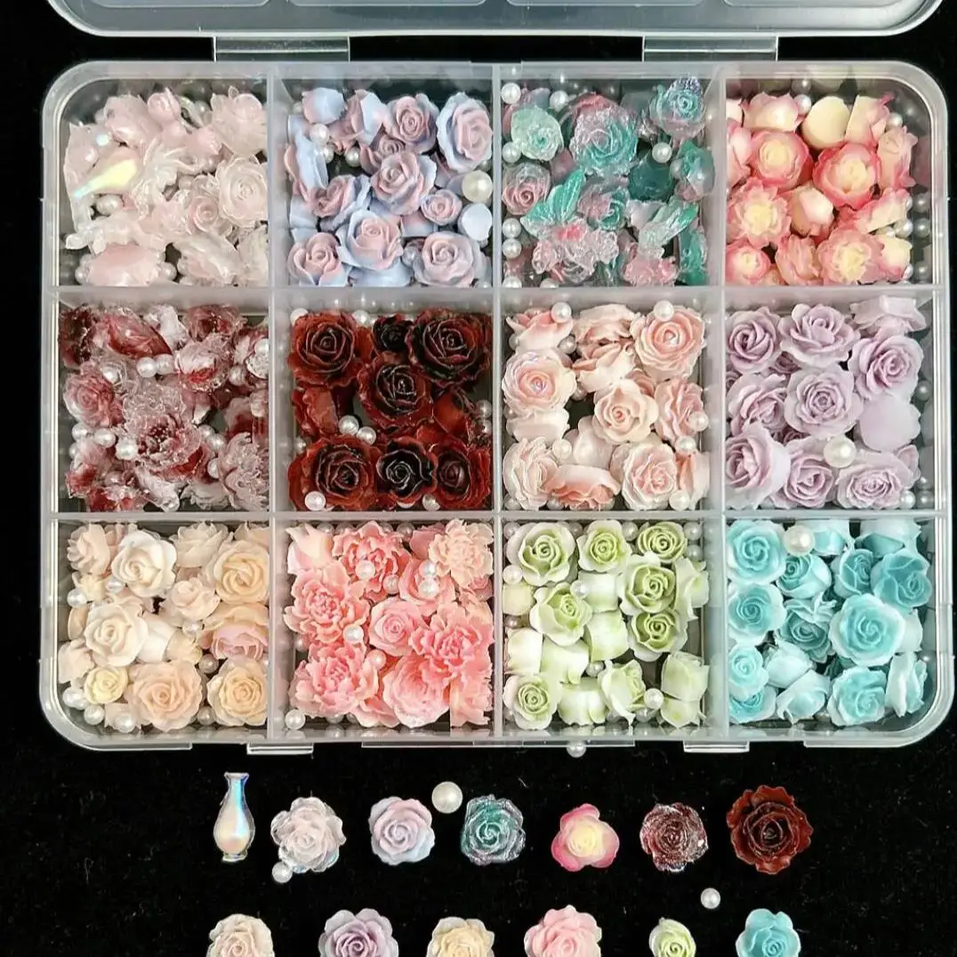 Breloques pour ongles en résine mixte 3D, 12 grilles, fleur de Rose, strass à dos plat, bricolage, décorations florales pour Nail Art, Kawaii