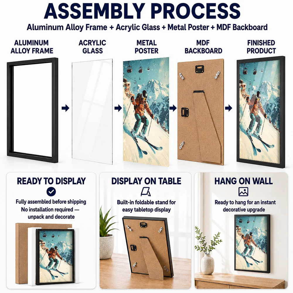 Skier Snowy Mountain Slope Metal Poster With Aluminum Alloy Frame Customized Vintage Style Wall Art For Ski Resort Reception