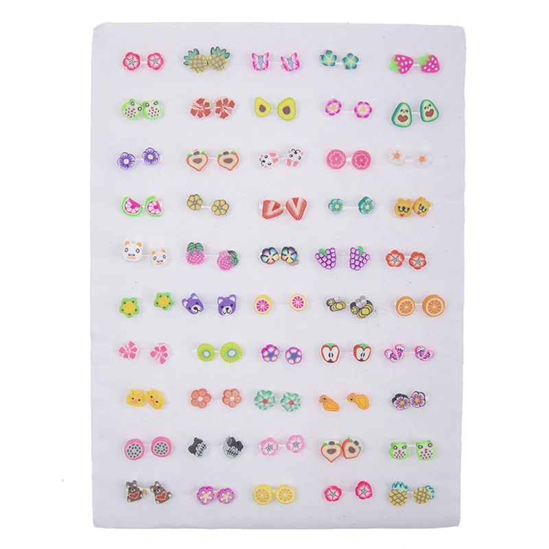 50Pair/set Mixed Style Clay Stud Earrings Set Women Girls Small Plastic Animals Fruit Earrings Set Jewelry Gifts