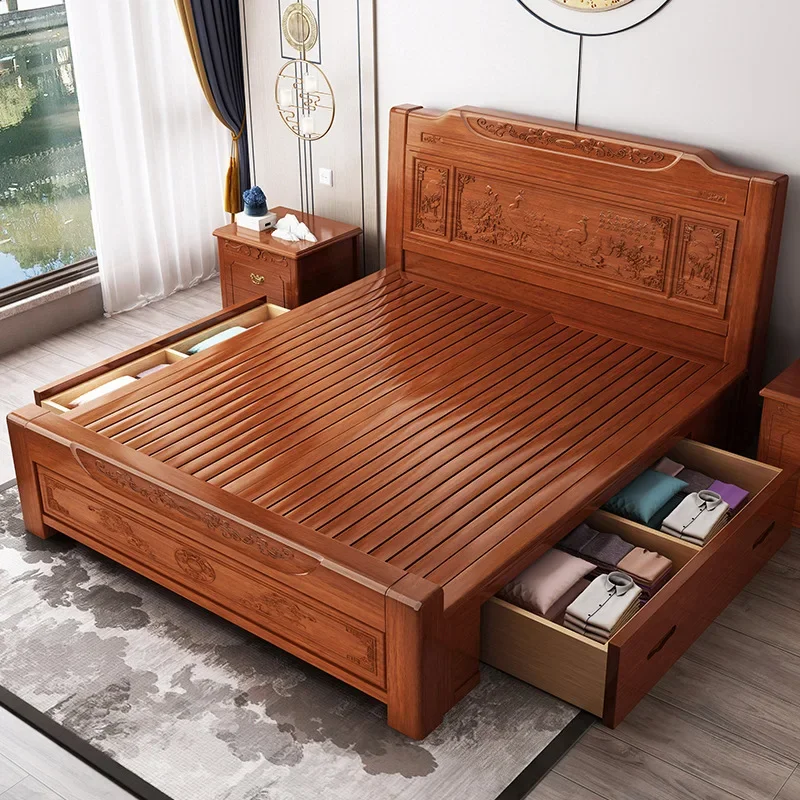 Solid wood bed carved storage drawer high box storage bed double bed