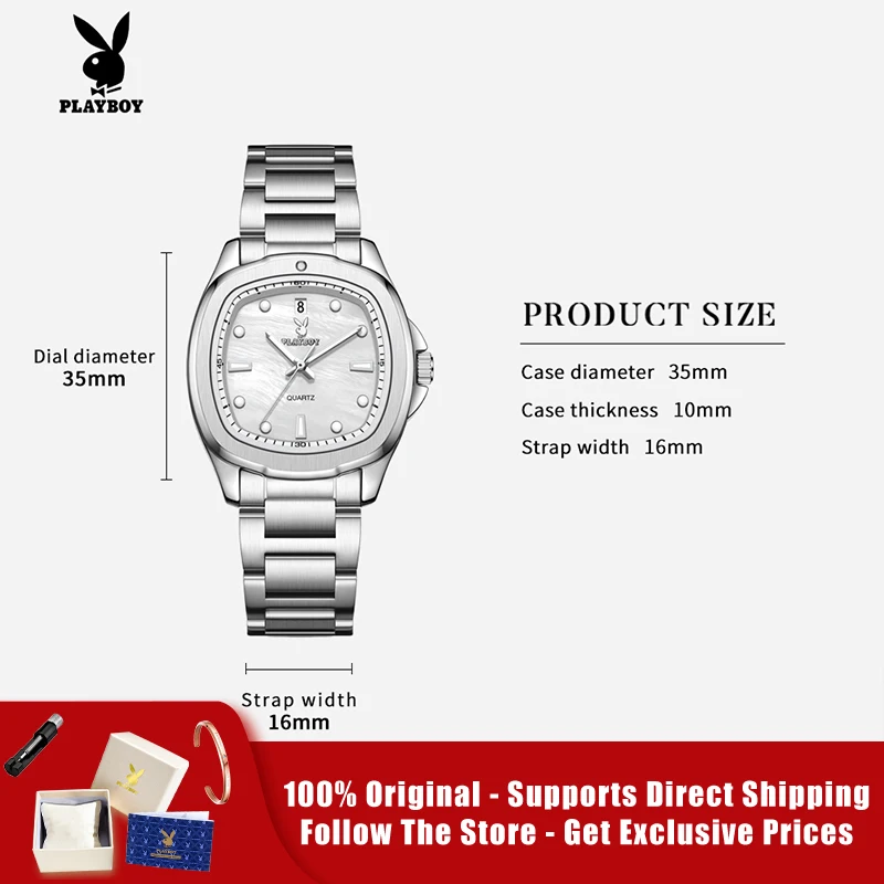 

PLAYBOY 3529 Brand original authentic stainless steel strap square dial calendar function elegant woman quartz watch