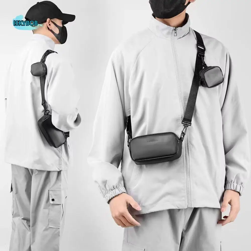 

PU Leather Men's Phone Bag Unisex with Small Hanging Bag Mobile Phone Chest Bags High-end Square Black Crossbody Bag for Couple