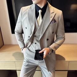 2023 Fashion New Men's Boutique Business Slim Wedding Striped Double Breasted Suit Blazers Jacket Pants Trousers Vest 3 Pcs Set