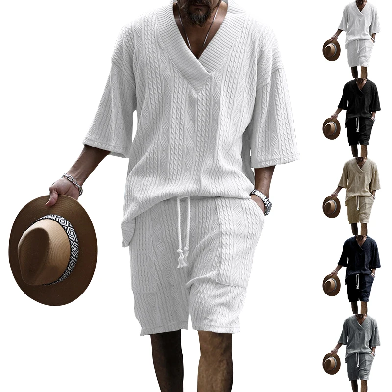 2024 New Summer Men's Set Loose Casual Sports Suit High-quality Jacquard V-neck Short-sleeved Shorts Two-piece Men's Clothing