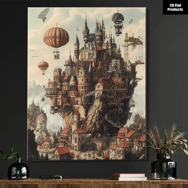 (No frame)2D Flat, 1pc Frameless Vertical Steampunk Castle in the Clouds with Airships Canvas Wall Art Poster - Victorian Got