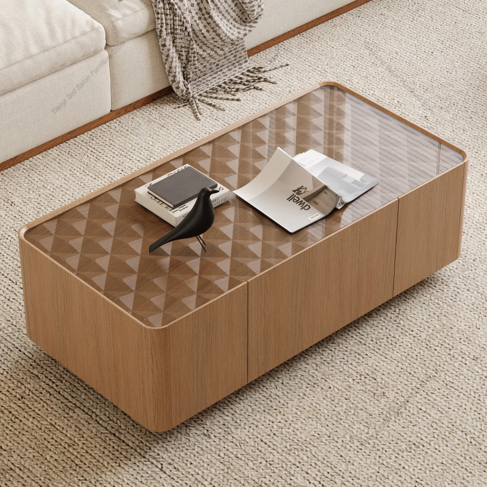 Mid-Century Modern Glass Top Coffee Table,Rectangular Center Table with Hidden Storage Drawers Living Room Storage Coffee Table