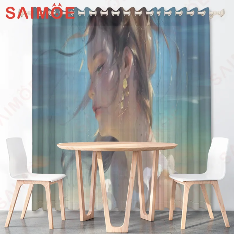 Japanese Animation Couple Girls Boy Curtains Figure Animal Bird Doll Sofa Thin Polyester Fabric Home Office Decoration with Hook