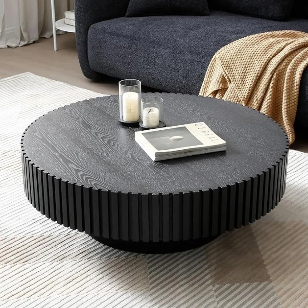 

31.49'' Round Coffee Table Wood End Table for Living Room, Modern Contemporary Circle Fluted Drum Side Table,Café Furniture