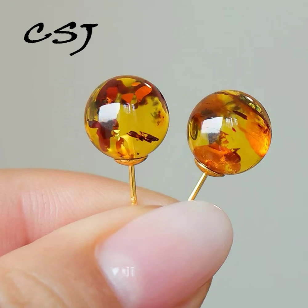 

Elegan Natural Amber Stud Earrings 925 Sterling Silver Gemstone 10mm Fine Jewelry for Women Lady Engagment Party