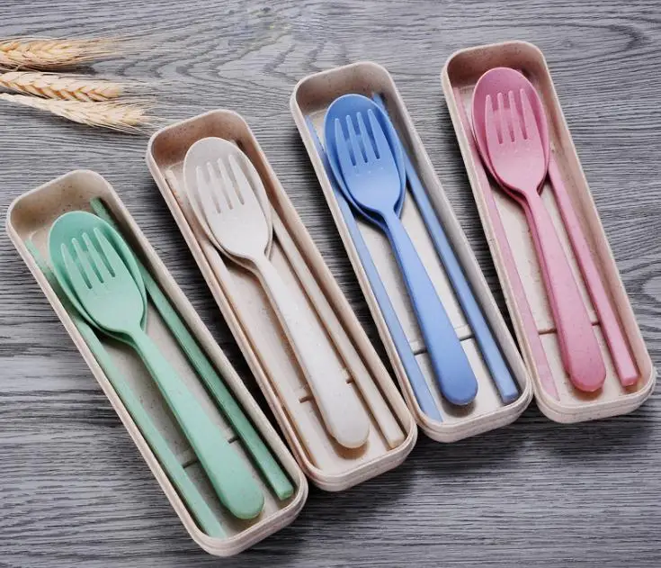 100 Sets Cutlery Set Cute Portable Travel Adult Wheat Straw Camping Picnic Set Gift Child Office People Dinnerware Wholesale