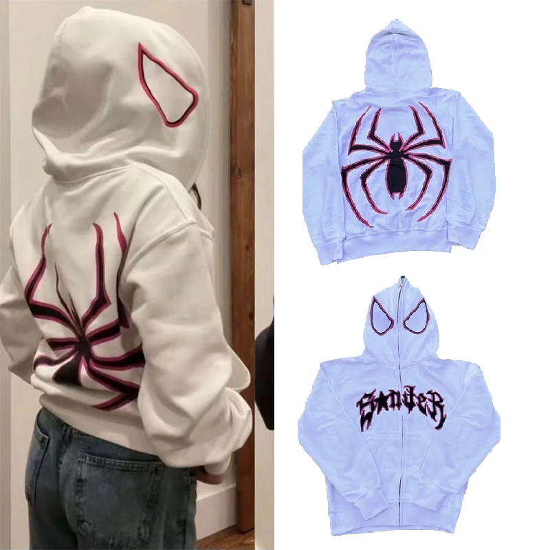 Spider Zip Up Hoodie Sweatshirt Harajuku Pullover Grunge Y2k Clothing Women Hip Hop Oversized Streetwear Men Hoodies Gothic Top