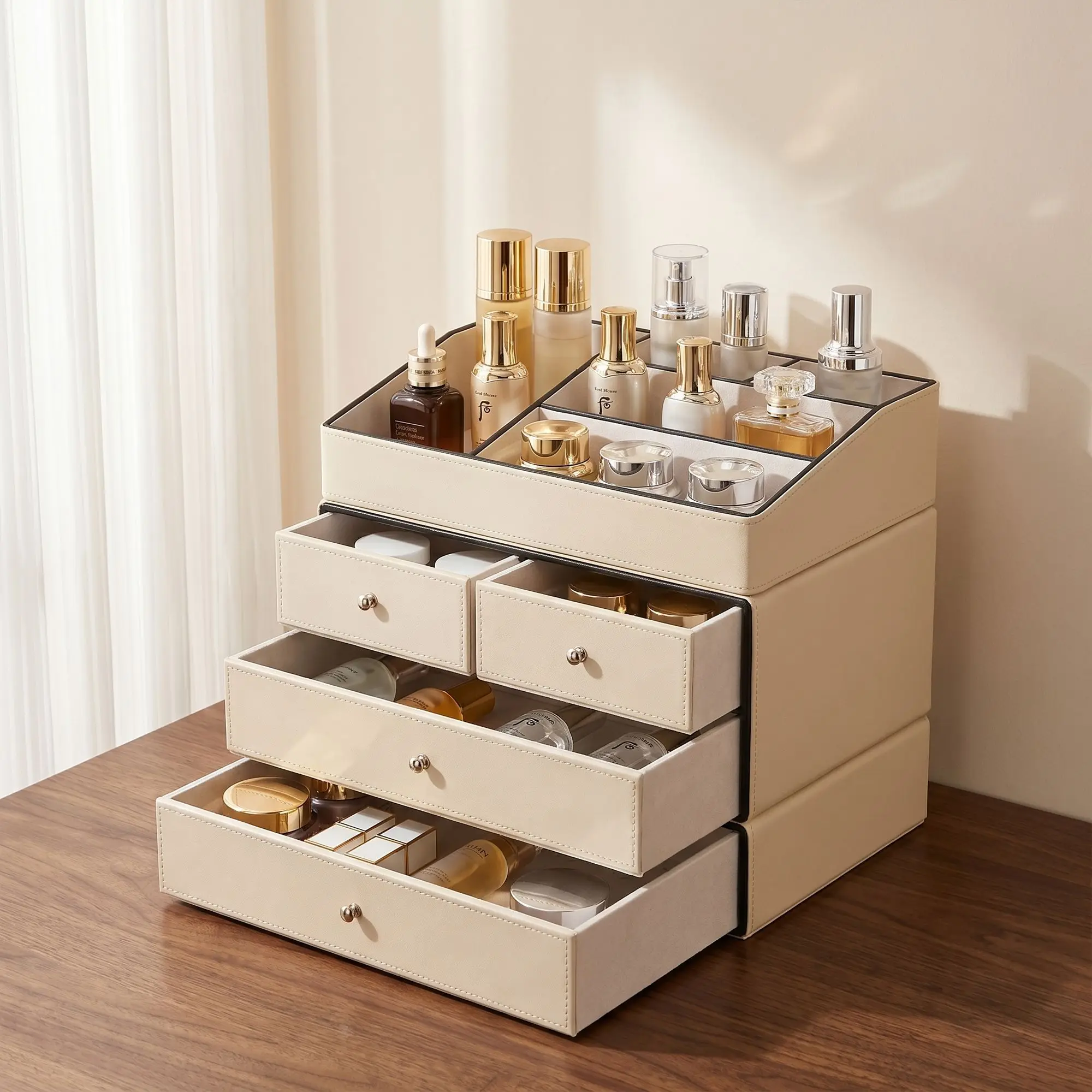 Beige PU Leather Makeup Organizer with Drawers, Large Capacity Cosmetic Storage Box for Vanity Desk Bathroom, Multi-layer