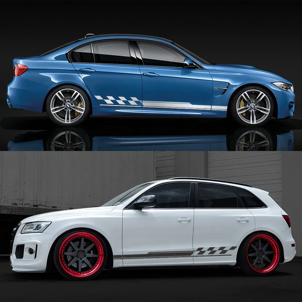 2PCS Racing Checkered Side Skirt Car Stickers, Waterproof Vinyl Door Decals, Universal Auto Body Decor, Car Styling Accessories,
