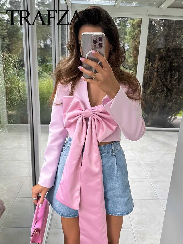 TRAFZA 2024 Women Solid Pink Bow Decorate Blazer Woman Chic Tops V-Neck Long Sleeves Open Stitch Short Coat Streetwear Mujer