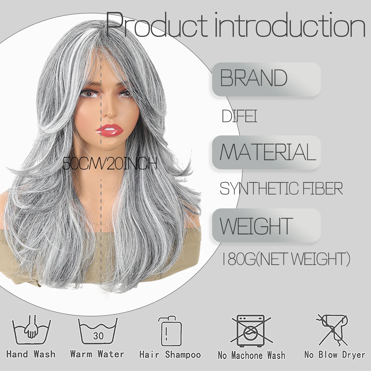 Difei Synthetic Long Curly Hair Silver Gray Wig Eight-Character Bangs Layered Women's Heat-resistant Wig Natural Curly Big Waves