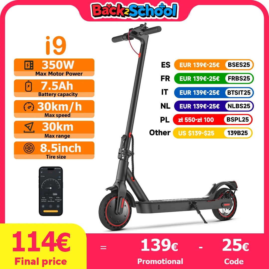 Patinete eléctrico i9 de 8,5 pulgadas, 350W, 7,5Ah, para adultos, velocidad de 30 km/h, alcance máximo de 30km, neumáticos de panal, patinetes plegables con aplicación