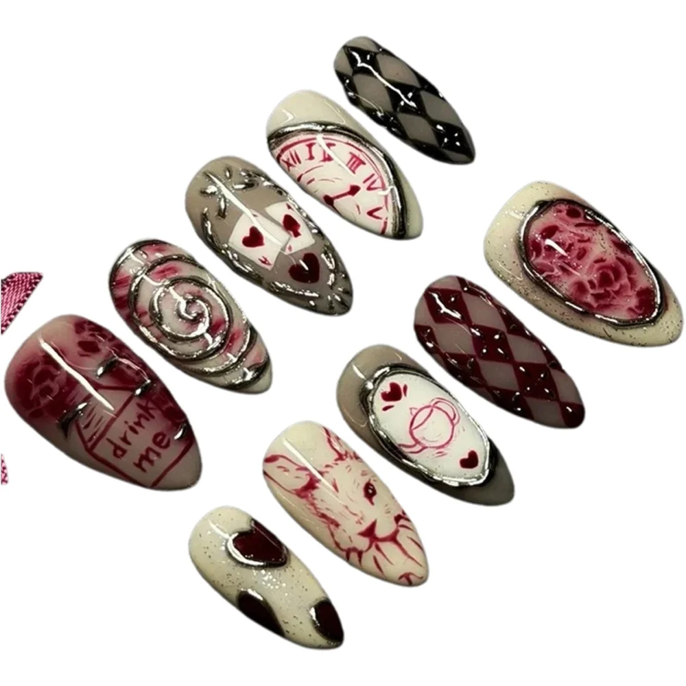 30 szt. Sztuczne paznokcie 3D Dream Rose, naklejane, z motywem serca i zwierząt, falowane, krótkie, migdałowe, pełne pokrycie, dla kobiet i dziewcząt, sztuczne paznokcie do zdobienia paznokci. — 2