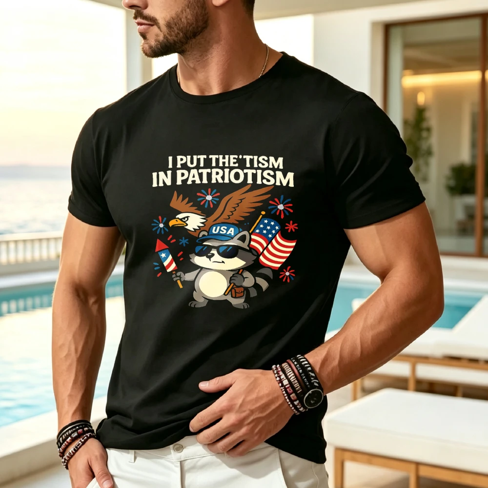 I Put The Tism in Patriotism Funny Autism Raccoon Eagle USA T Shirt Graphic Tees Men T Shirt Funny Tshirt 100% S XXXXXL-Same Style for Men and Women 2026 Summer Short-sleeved Printed T-shirt 180G