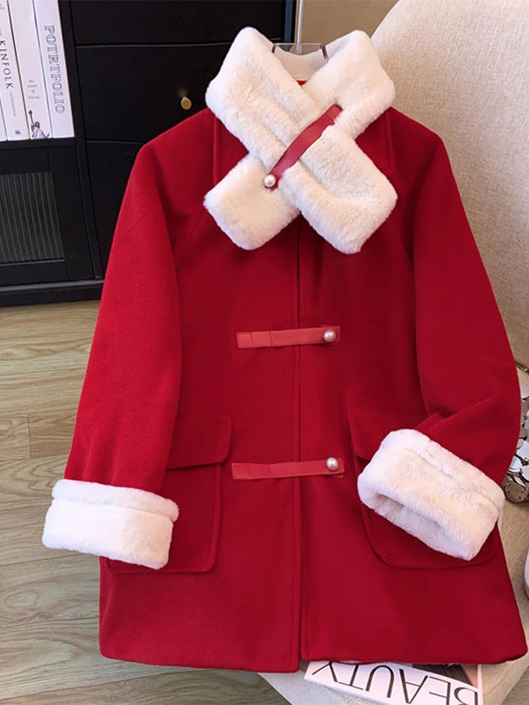 

Women's Vintage Red Casaco Feminino Woolen Overcoat Warm Outerwear Coat Jacket New in Coats for Women Harajuku Long Coat Clothes