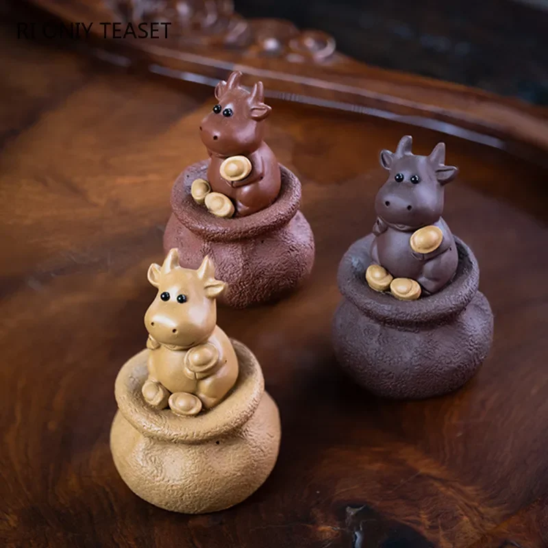 Chinese Yixing Handmade Sculpture Purple Clay Tea Pet Lucky Cartoon Cattle Statue Ornaments Tea Figurine Crafts Tea Set Decors