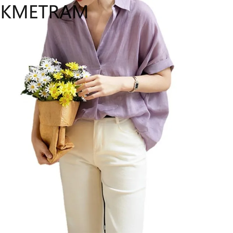 KMETRAM 100% Ramie Shirt for Woman Elegant Purple Short Sleeve Blouse V-Neck Casual Summer Tops New Women Clothing 2026 рубашка