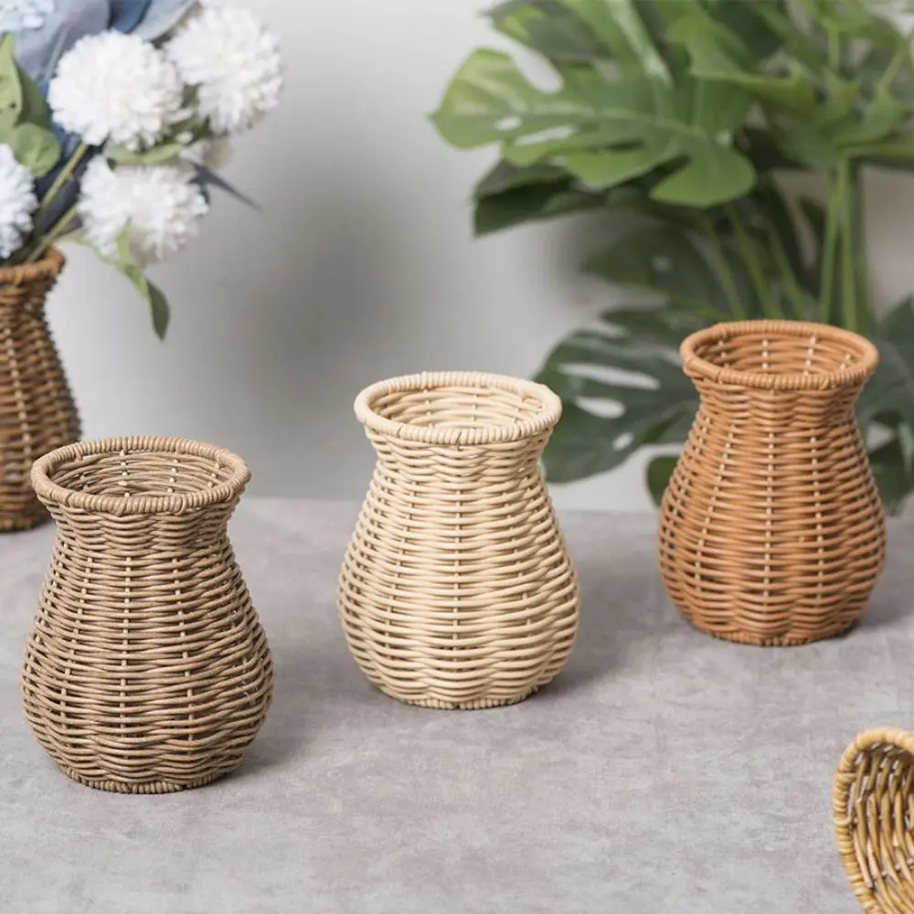 Fashion Handmade Woven Rattan Flower Basket Simple Countryside Style Flower Vase Creative Desktop Decorative Floral Container