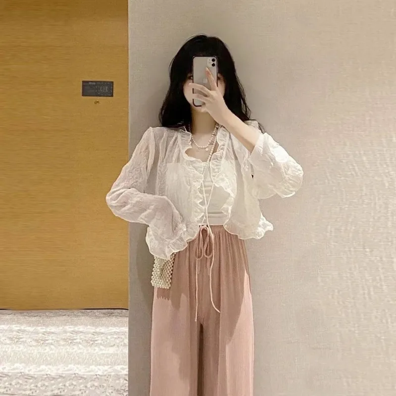 Chiffon Cardigan Women Korean Style Summer New Office Lady Ruffles Solid Color Flare Sleeve Lace-up Versatile Short Tops Female