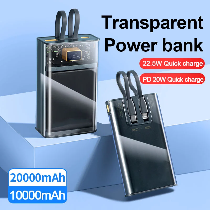 EONLINE 20000 mAh Power Bank Transparent With Dual-wire Type-C Super Fast Charging Portable Battery Suitable for Apple Samsung