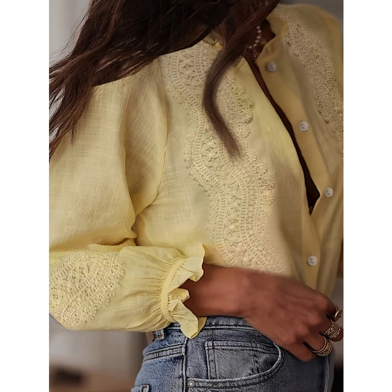 ผู้หญิงเสื้อ Spliced ลูกไม้กลีบเสื้อ Elegant Vintage Office Lady แขนยาวเดี่ยว O คอเสื้อลําลอง Commuter ฤดูใบไม้ร่วง