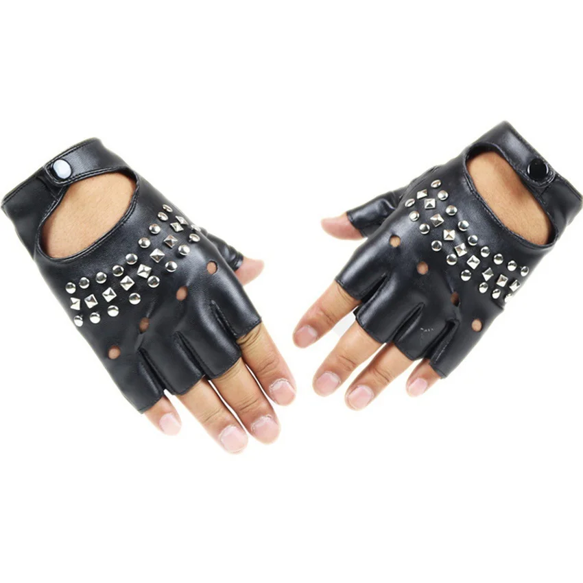 Guantes de cuero PU con remaches para hombres y mujeres, guantes de medio dedo, guantes Punk, guantes de baile, guantes de rendimiento para club