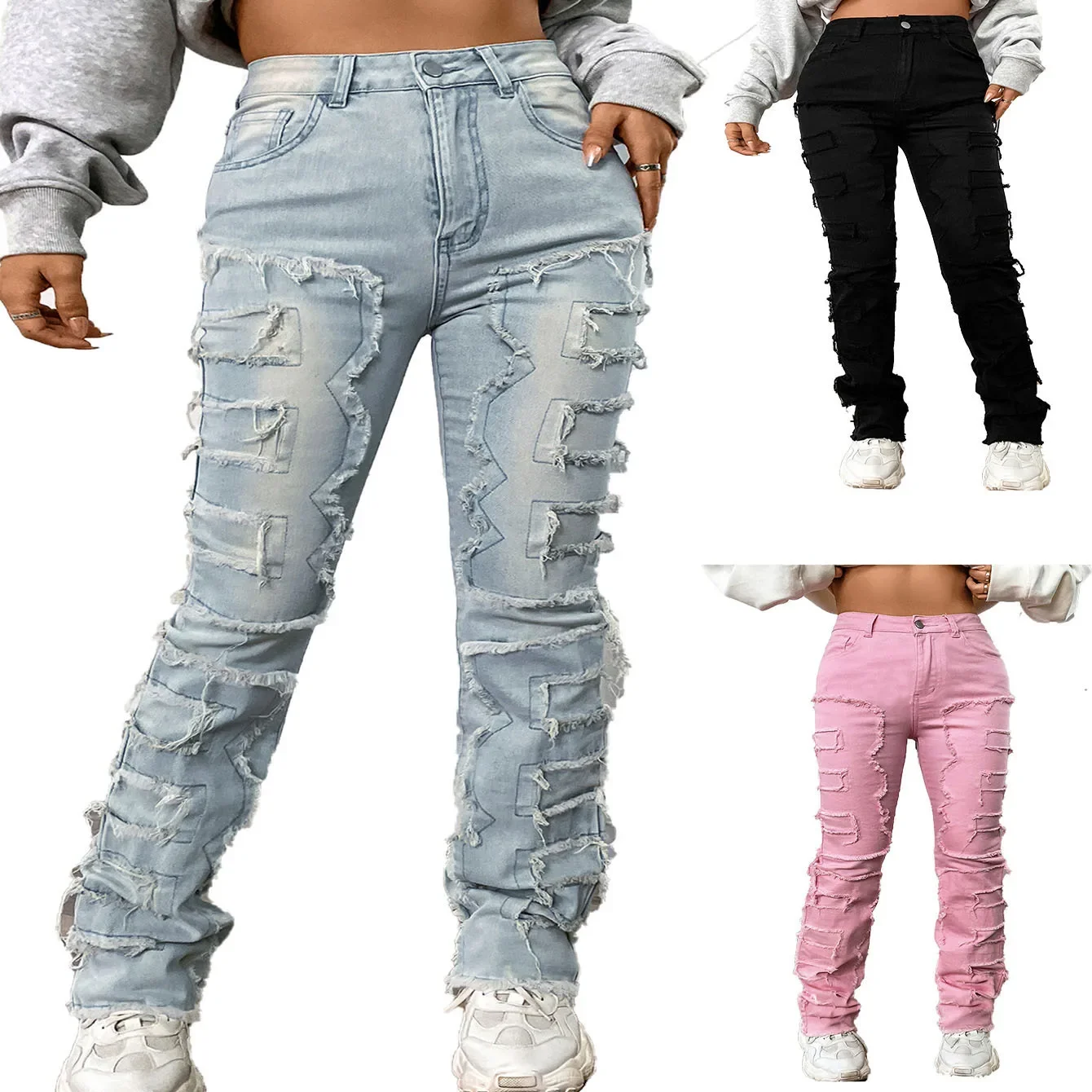 

Women Jeans Denim Straight Pants Spliced Patchwork High Street Slim Fit Pockets Mid Waist Washing Zipper Slight Srech