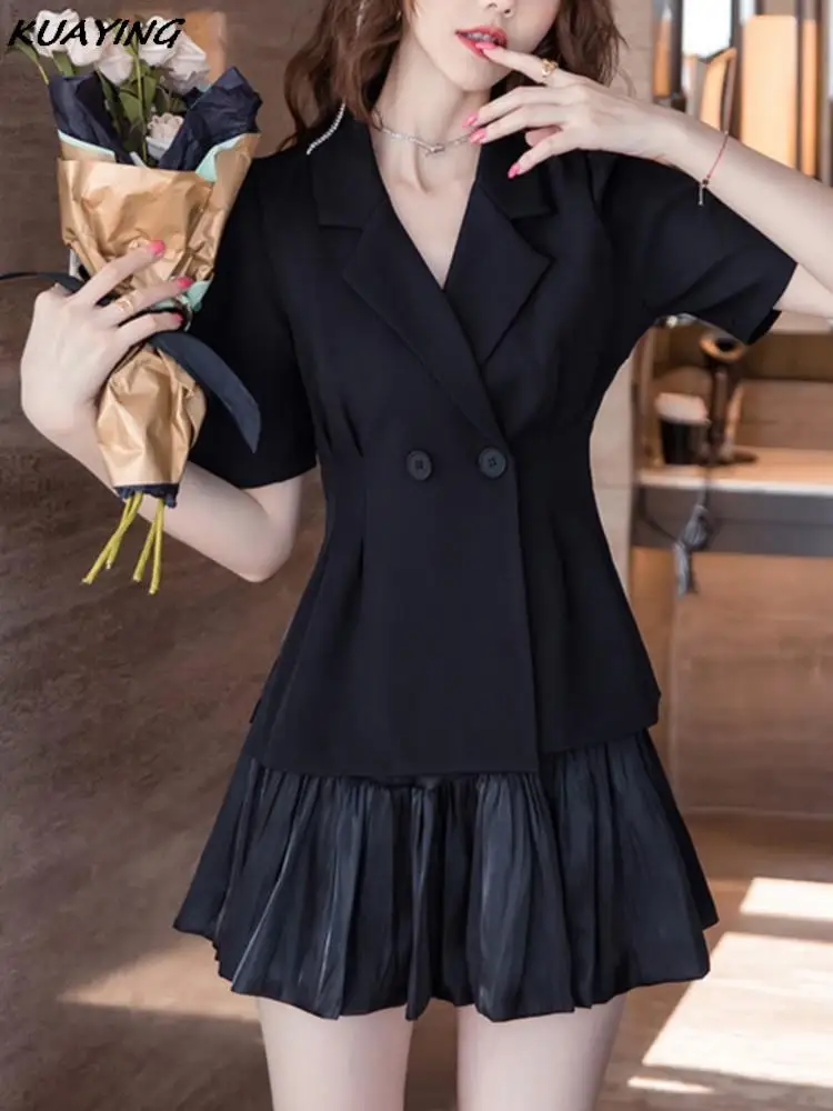 

Y2K Fashion Blazers Pleated Short Skirt Suits Summer Black White Short Sleeve Temperament Korean Women's Clothing Two Piece Set