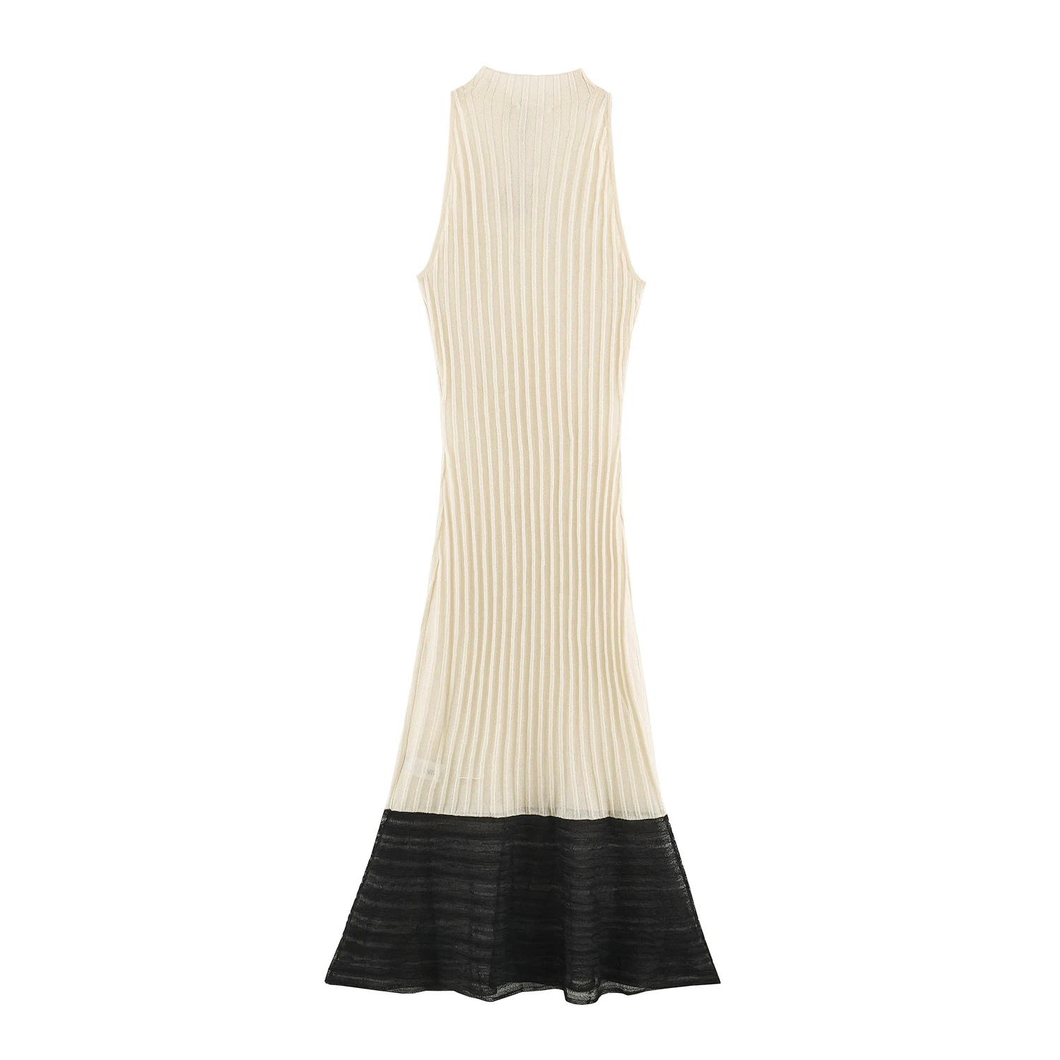 BSAY 2026 Elegantes, kontrastfarben gespleißtes Strick-Midikleid mit Stehkragen, ärmellos, gerippt, schmal geschnitten, Meerjungfrauen-Saum, Party- und Urlaubskleid, langes Kleid – Detail 3