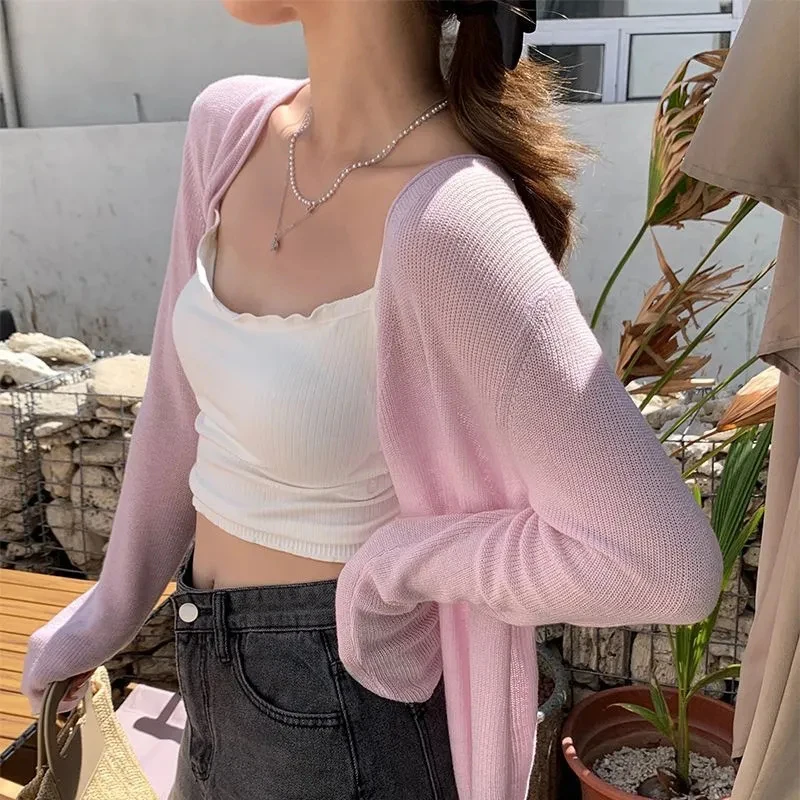 Rimocy Korean Knitted Crop Cardigan Women Spring Summer Button Up Sun Protection Woman Long Sleeve Thin Knitwear Tops Female