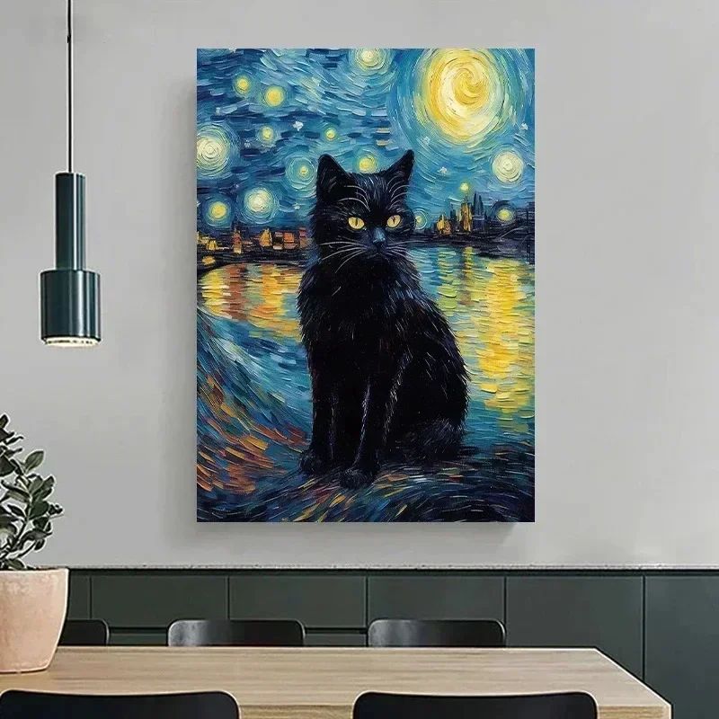 1pc frameless Canvas Painting Funny Animal Black Cat, Abstract Aesthetic Starry Night Van Gogh, Wall Art, HD Canvas Print Poster