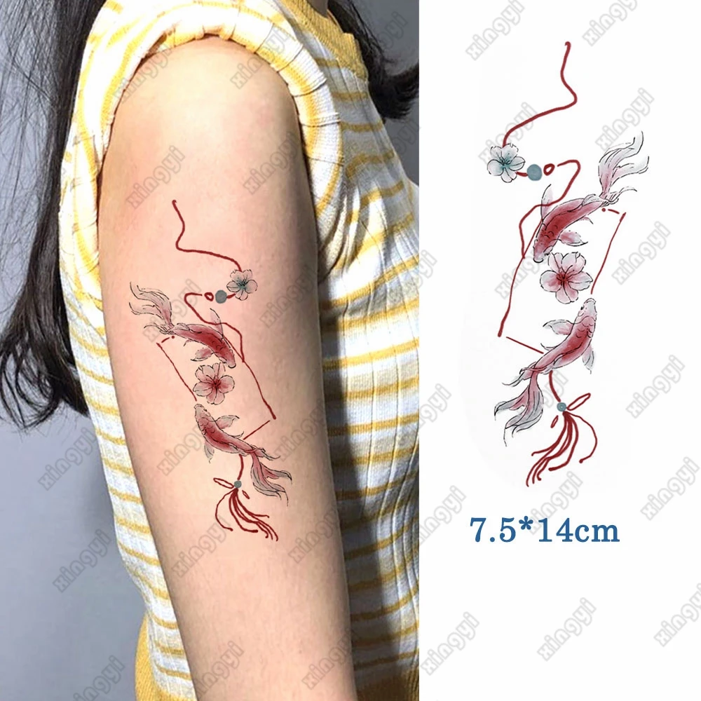 

Водостойкая Временная тату-наклейка, красные рыбы, маленькие цветы, боди-арт, рука, ноги, искусственная тату для мужчин и женщин