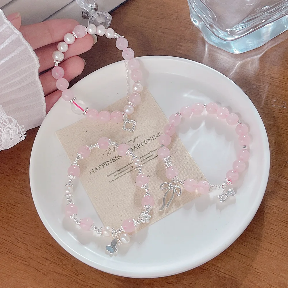 Ultra New Design Pink Crystal For Women Four-Leaf Lucky Clover Butterfly Sweet Girl Beaded Bracelet Best Friend Jewelry