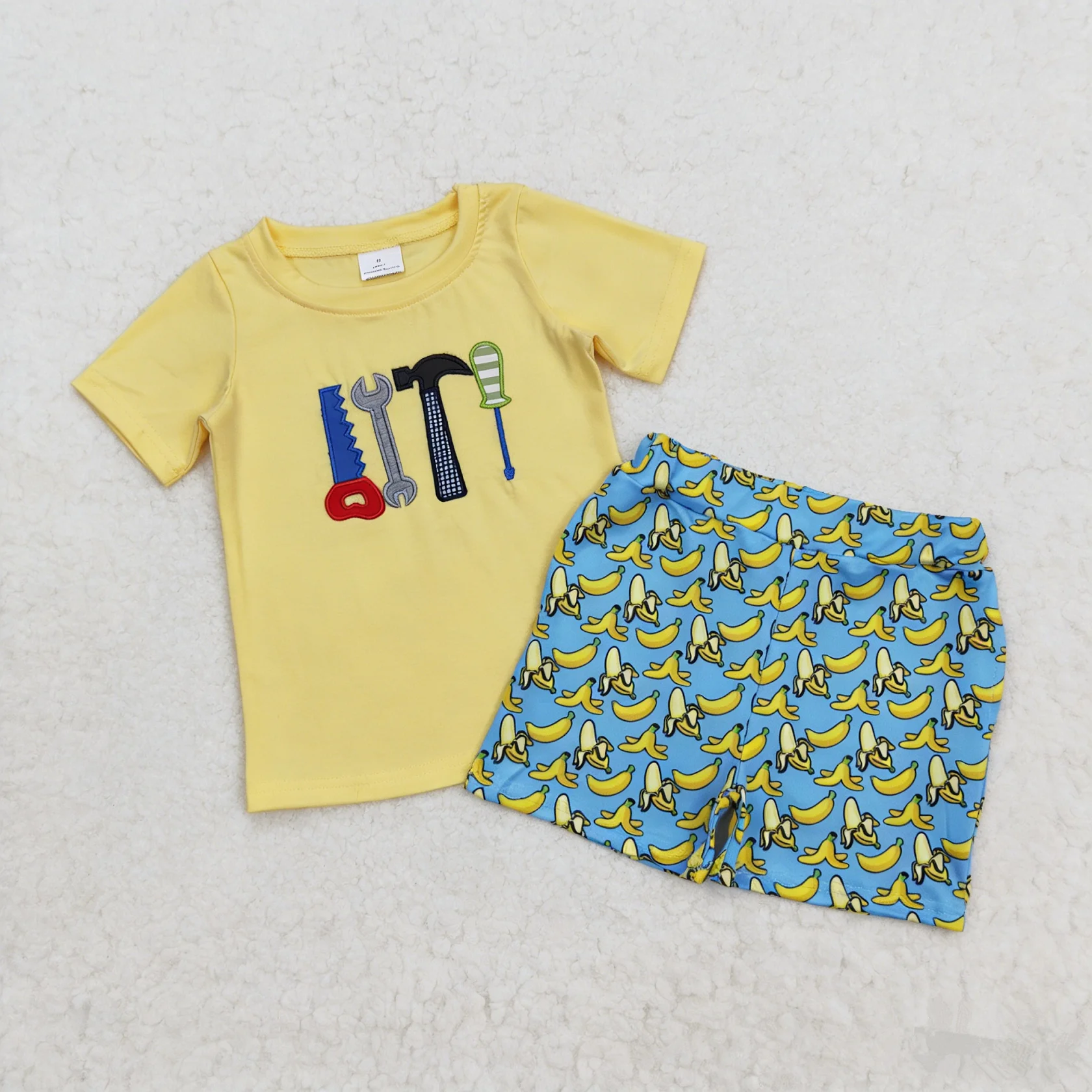 Wholesale Boys Outfit Toddler Short Sleeves Embroidery Tools Shirt Children Kids Set Baby Boy Ducks Pockets Shorts Clothes