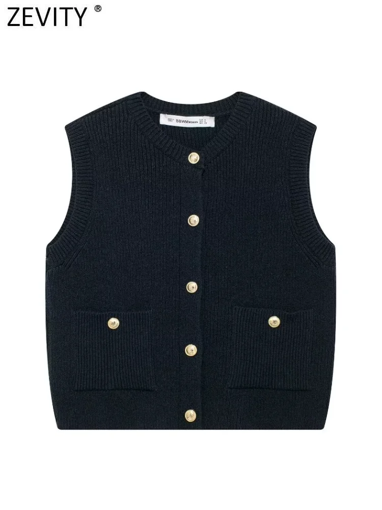 Zevity Women Fashion Sleeveless Single Breasted Knitting Vest Sweater Female Chic Big Pockets Patch Buttons Cardigan Tops SW6307