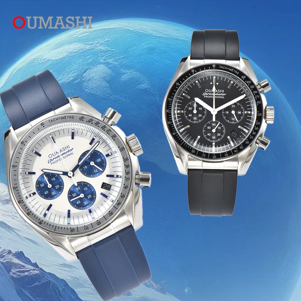 OUMASHI 39.5mm Men's Watch 32.6mm Dial Moon Design Superb Style Six Pin quartz movement Date Speed Timer VK63 Movement