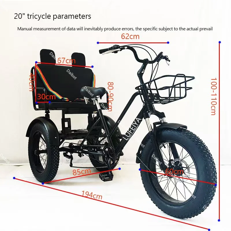 Powerful 3 Wheel Fat Tire Passenger Electric Tricycle Adult Two Person 750W Mountain Snow family Electric Bicycle Trike Bike Man