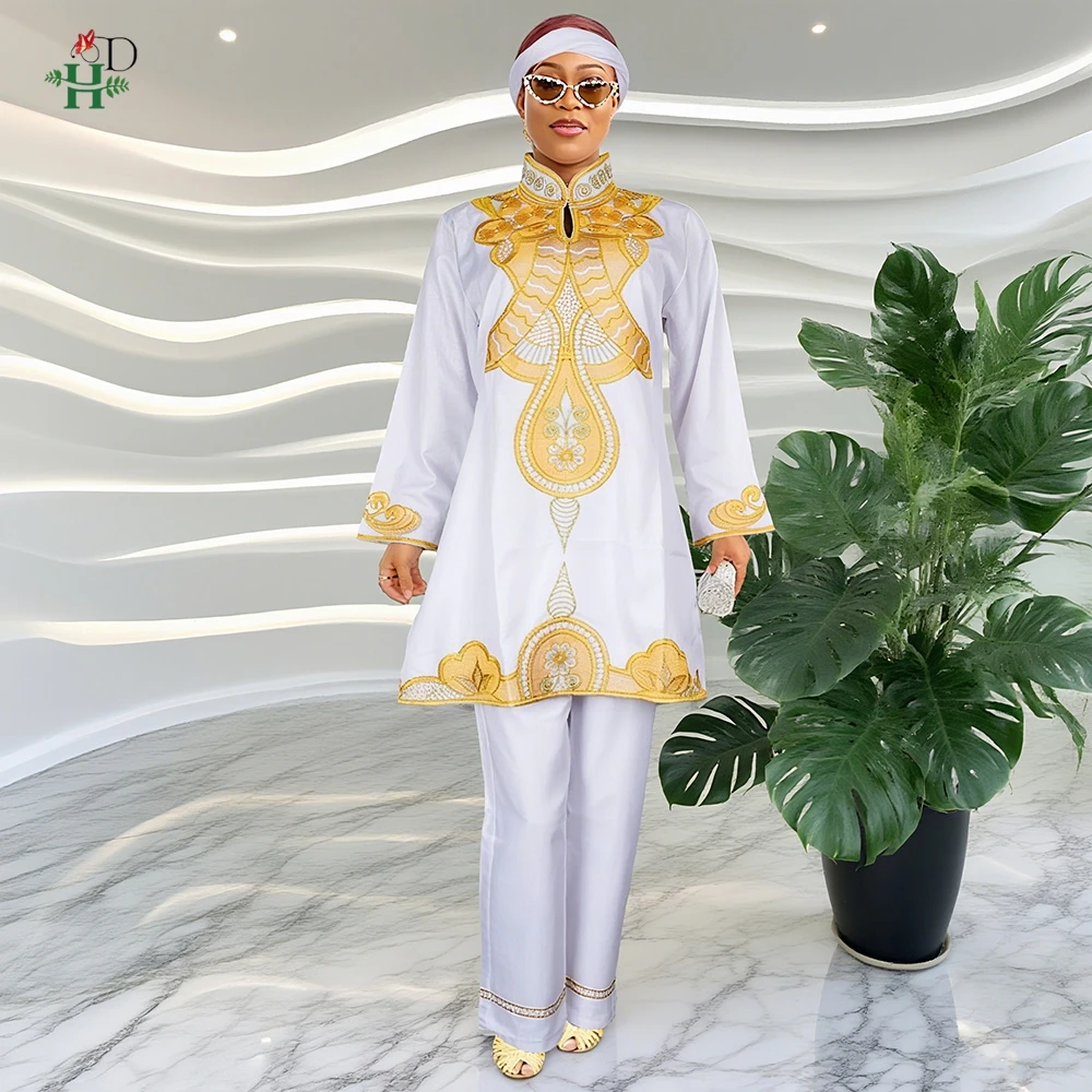 

H&D African Clothes For Women Kaftan Shirt and Pants Suits 2PCS Traditional Outfit Set Plus Size Daily Wear Embroidered Clothing
