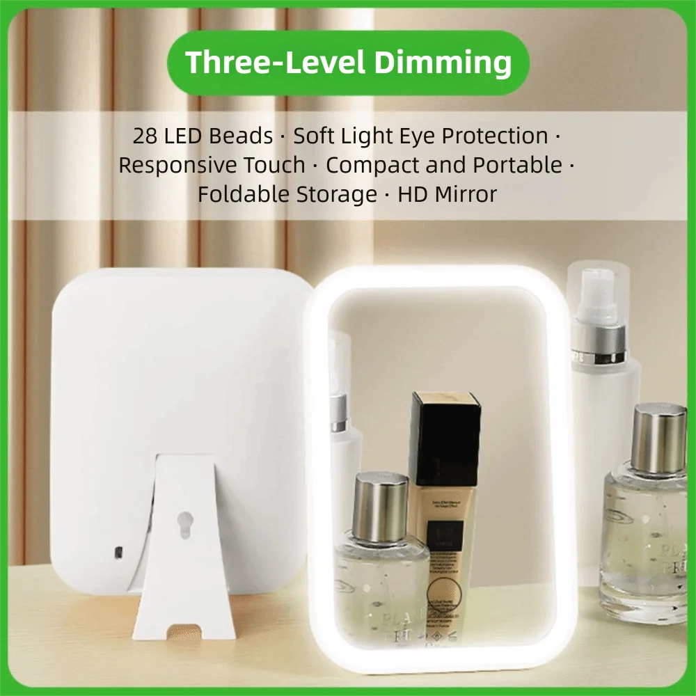 Nuovo touch screen Specchio per trucco a LED Specchio per toeletta pieghevole ricaricabile tramite USB 3 colori Modalità luce Specchio di bellezza portatile