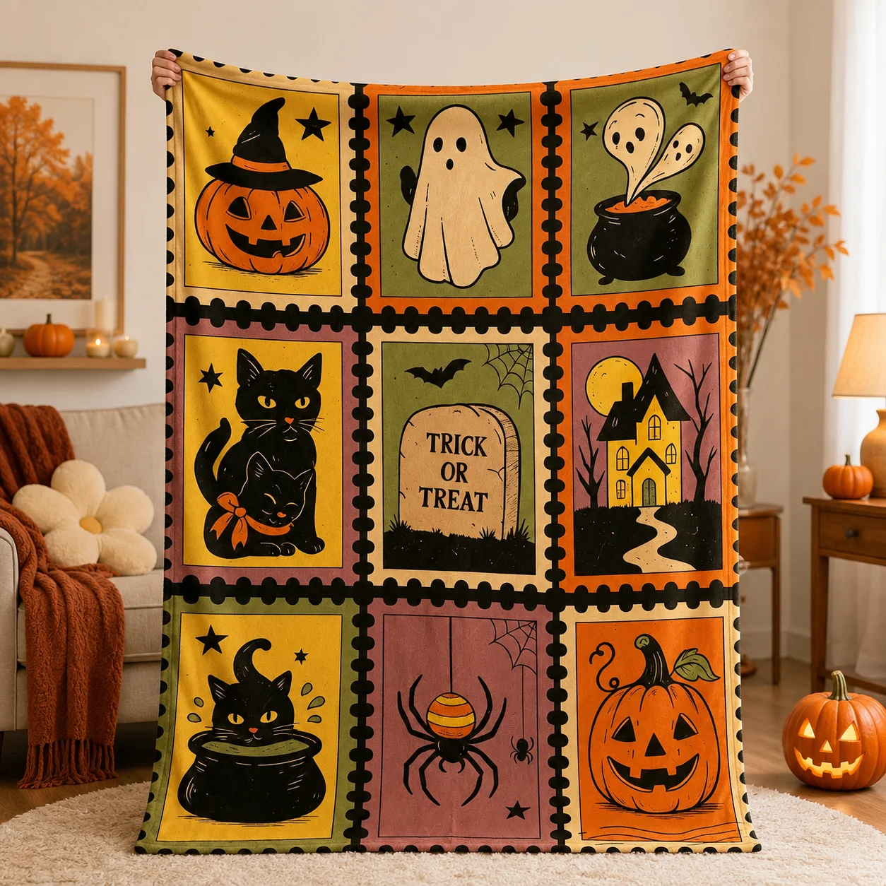 Halloween Nine-grid Design Flannel Throw Blanket Cozy All-Season Essential for Couch, Bed, Sofa Fuzzy Plush Home Bedroom Decor