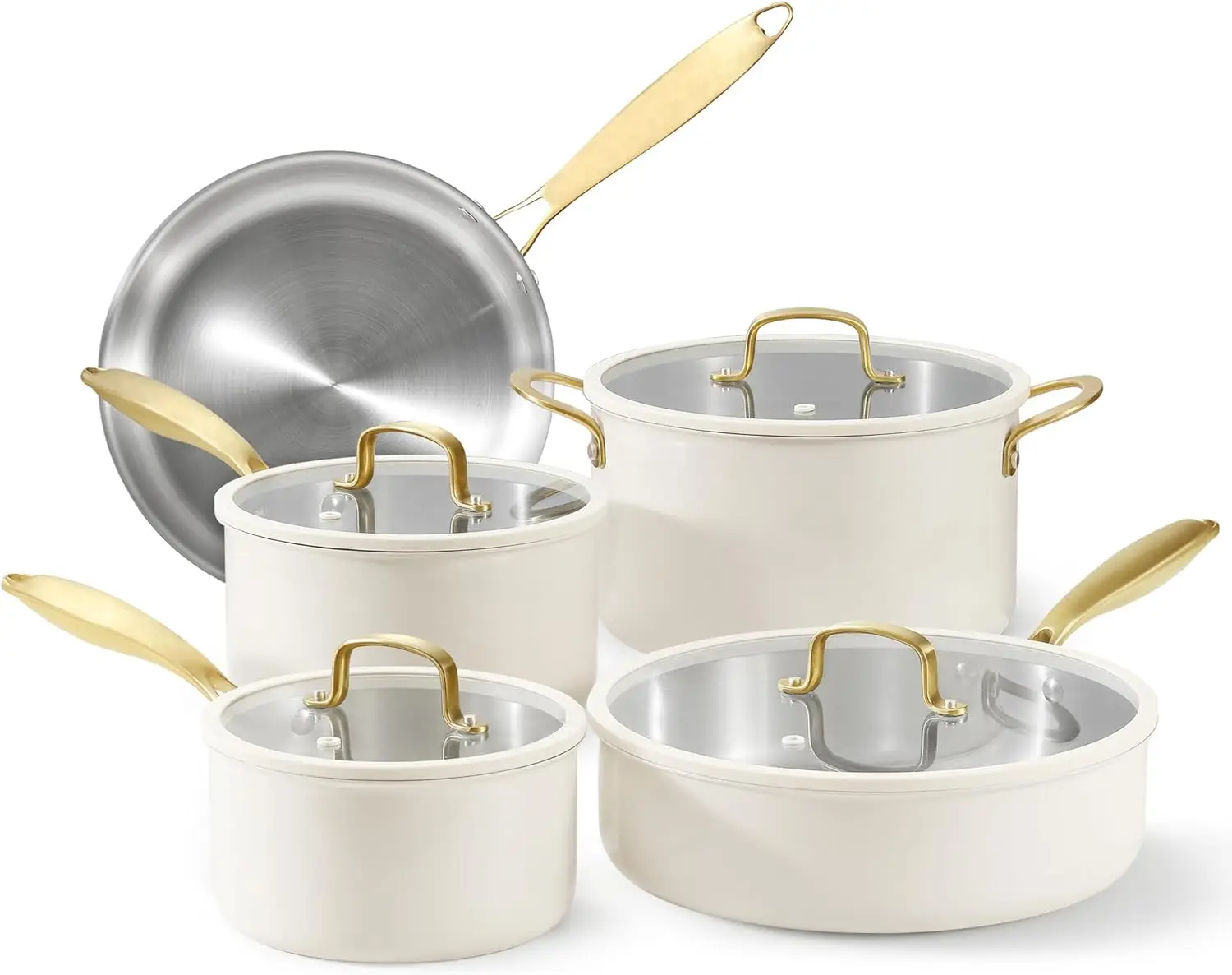 Set with Tempered Glass Lids, Stay-Cool Golden Handles, Dishwasher and Oven Safe,